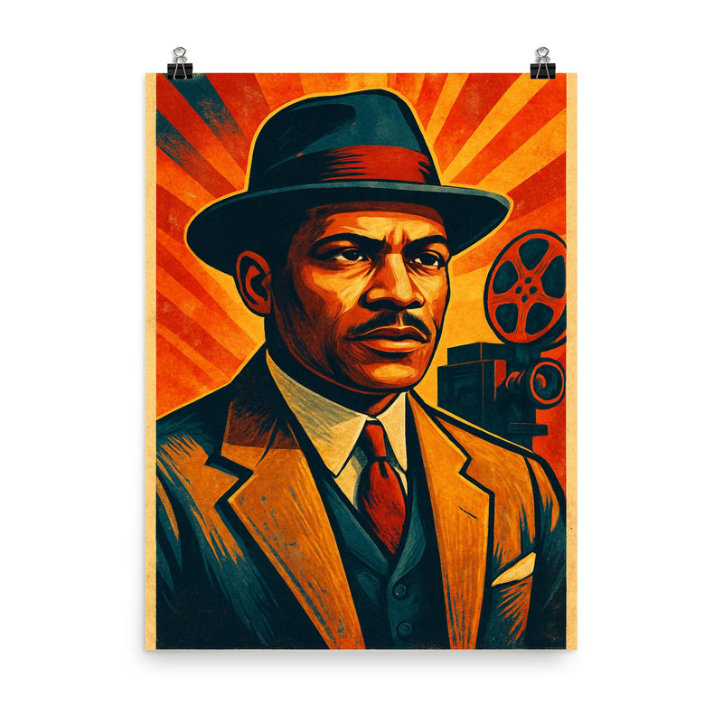 Oscar Micheaux poster on a plain backdrop in size 8