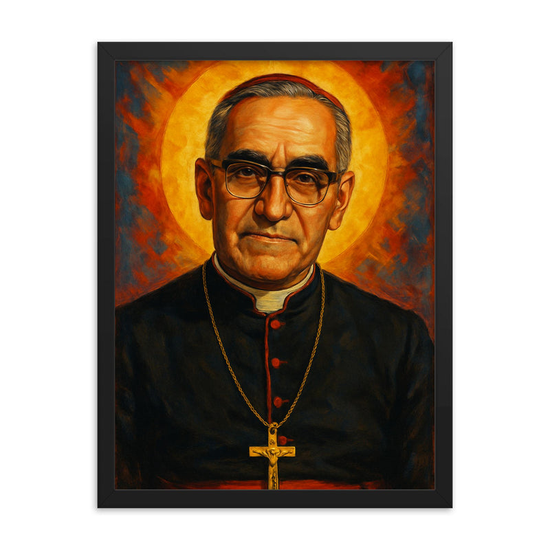 Oscar Romero framed print on a plain backdrop in size 18