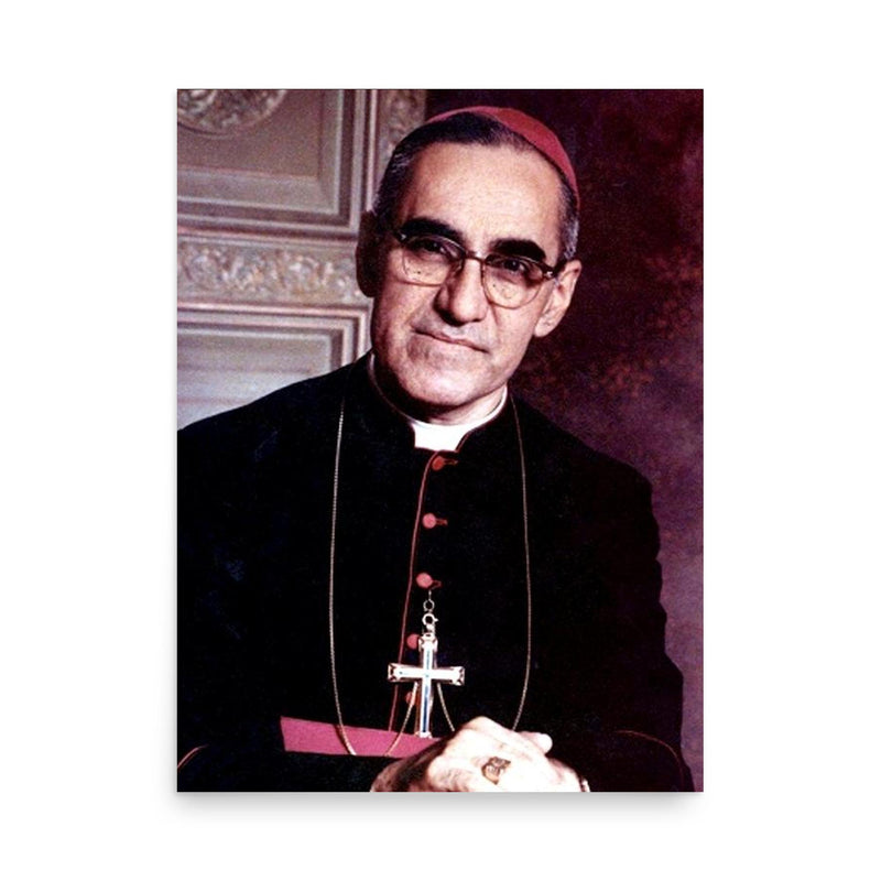 Oscar Romero poster on a plain backdrop in size 18