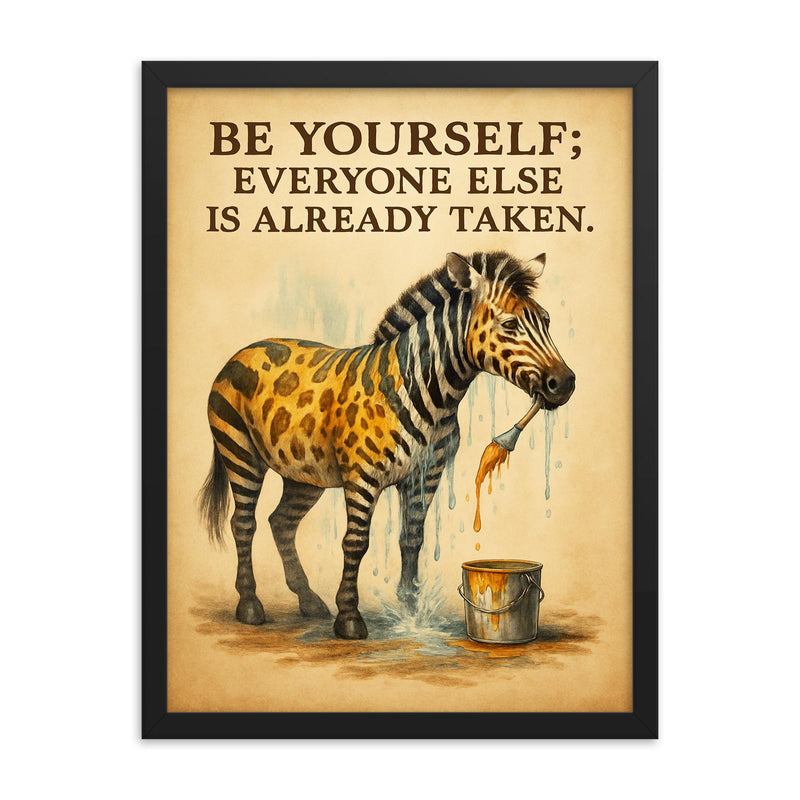 Oscar Wilde be yourself quote zebra painting over stripes inspiring framed print on a plain backdrop in size 18