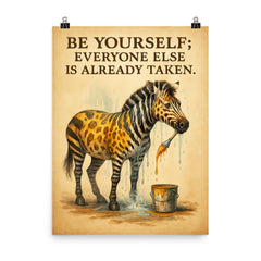 Oscar Wilde be yourself quote zebra painting over stripes inspiring poster on a plain backdrop in size 8"x10".