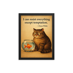 Oscar Wilde quote cat on diet resisting temptation by fish bowl inspiring poster framed print on a plain backdrop in size 12"x16".