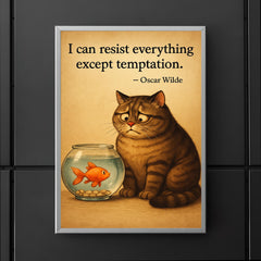 Oscar Wilde quote cat on diet resisting temptation by fish bowl inspiring poster poster 5