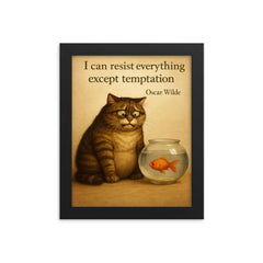 oscar wilde quote cat resisting temptation next to fish bowl inspiring framed print on a plain backdrop in size 8"x10".