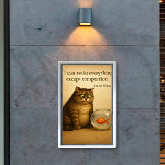 oscar wilde quote cat resisting temptation next to fish bowl inspiring poster 2