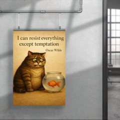 oscar wilde quote cat resisting temptation next to fish bowl inspiring poster 4