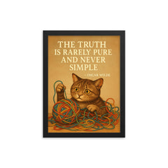 Oscar Wilde quote truth rarely pure never simple confused cat untangling colorful complexity framed print on a plain backdrop in size 12"x16".