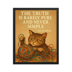 Oscar Wilde quote truth rarely pure never simple confused cat untangling colorful complexity framed print on a plain backdrop in size 16"x20".