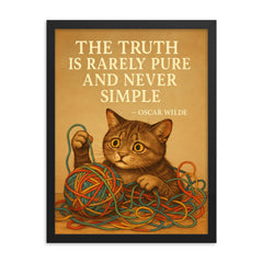 Oscar Wilde quote truth rarely pure never simple confused cat untangling colorful complexity framed print on a plain backdrop in size 18"x24".