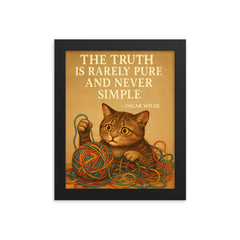 Oscar Wilde quote truth rarely pure never simple confused cat untangling colorful complexity framed print on a plain backdrop in size 8"x10".