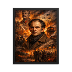 Osip Mandelstam against a Stalinist nightmare backdrop framed print on a plain backdrop in size 16"x20".