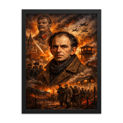 Osip Mandelstam against a Stalinist nightmare backdrop framed print on a plain backdrop in size 18"x24".