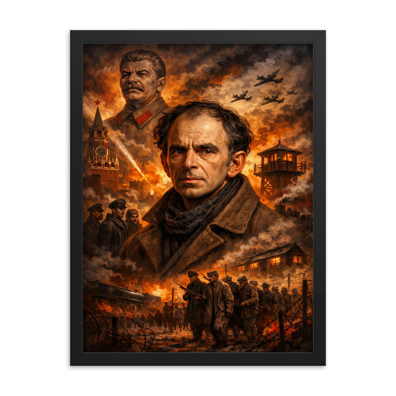 Osip Mandelstam against a Stalinist nightmare backdrop framed print on a plain backdrop in size 18
