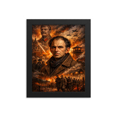 Osip Mandelstam against a Stalinist nightmare backdrop framed print on a plain backdrop in size 8"x10".