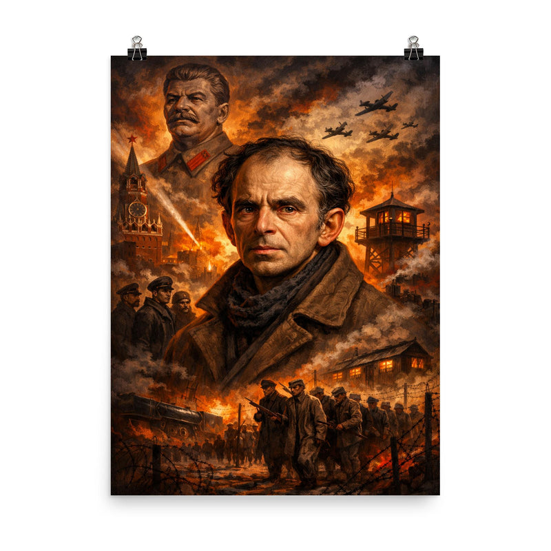 Osip Mandelstam against a Stalinist nightmare backdrop poster on a plain backdrop in size 8