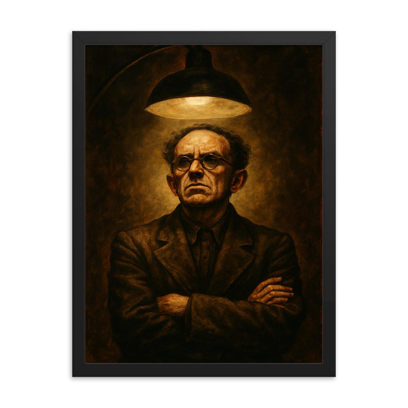 Osip Mandelstam defiant under interrogation lamp framed print on a plain backdrop in size 18