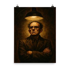Osip Mandelstam defiant under interrogation lamp poster on a plain backdrop in size 8"x10".