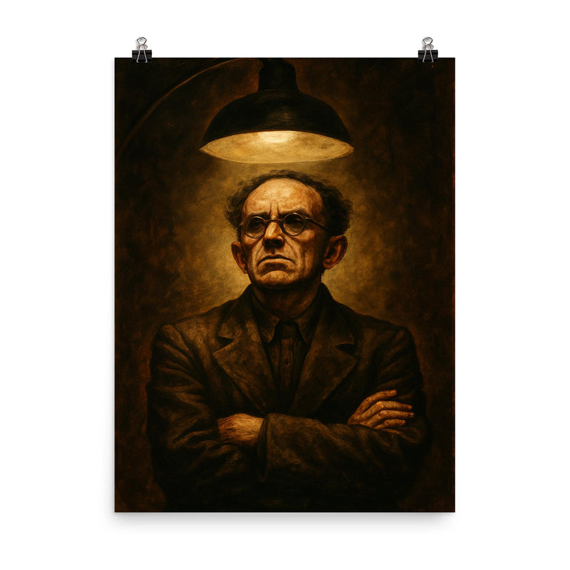Osip Mandelstam defiant under interrogation lamp poster on a plain backdrop in size 8