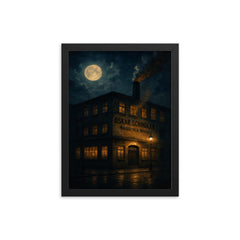 Oskar Schindler enamel factory night scene framed print on a plain backdrop in size 12"x16".