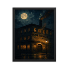Oskar Schindler enamel factory night scene framed print on a plain backdrop in size 16"x20".