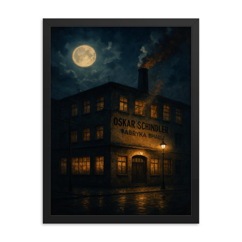 Oskar Schindler enamel factory night scene framed print on a plain backdrop in size 18
