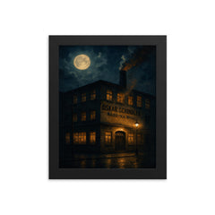 Oskar Schindler enamel factory night scene framed print on a plain backdrop in size 8"x10".