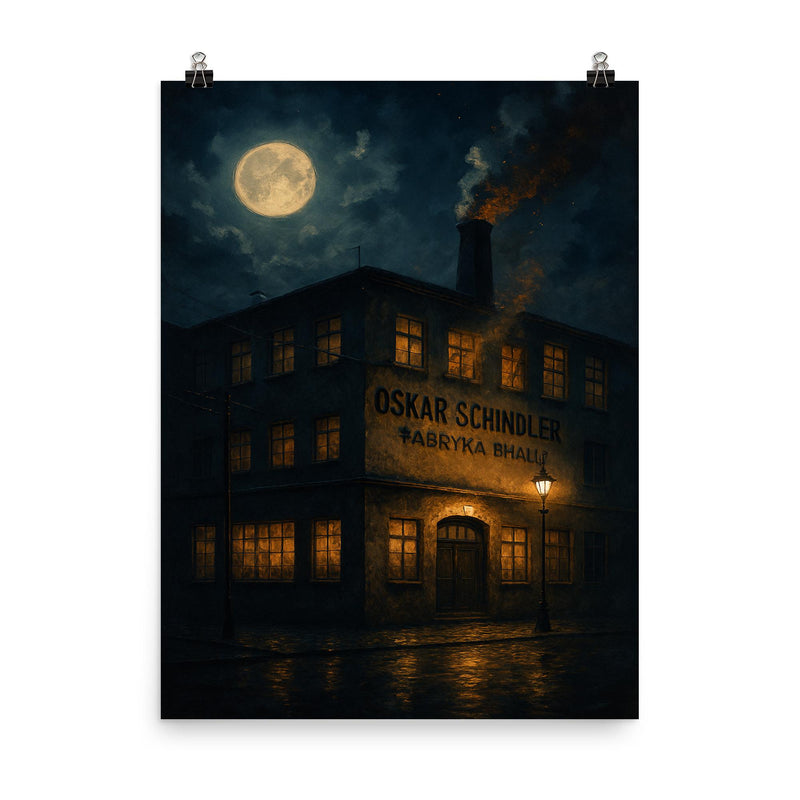 Oskar Schindler enamel factory night scene poster on a plain backdrop in size 8