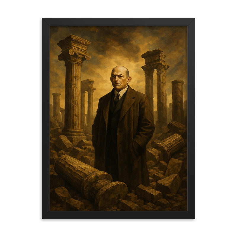 Oswald Spengler among fallen columns framed print on a plain backdrop in size 18
