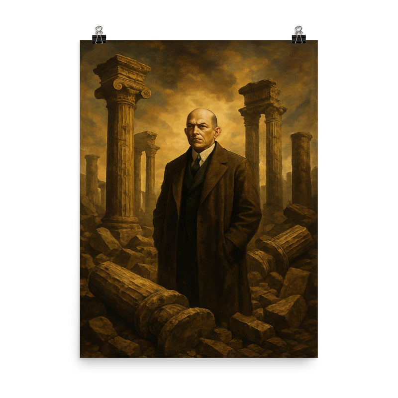 Oswald Spengler among fallen columns poster on a plain backdrop in size 8