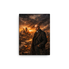 Oswald Spengler over declining city skyline canvas print on a plain backdrop in size 12"x16".