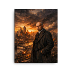 Oswald Spengler over declining city skyline canvas print on a plain backdrop in size 16"x20".