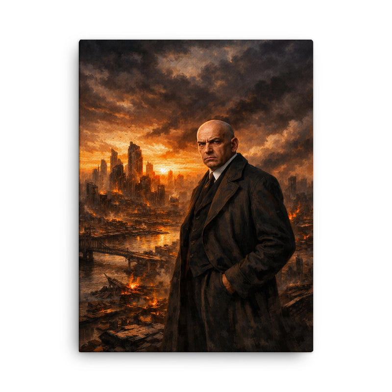 Oswald Spengler over declining city skyline canvas print on a plain backdrop in size 18