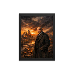 Oswald Spengler over declining city skyline framed print on a plain backdrop in size 12"x16".