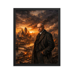 Oswald Spengler over declining city skyline framed print on a plain backdrop in size 16"x20".