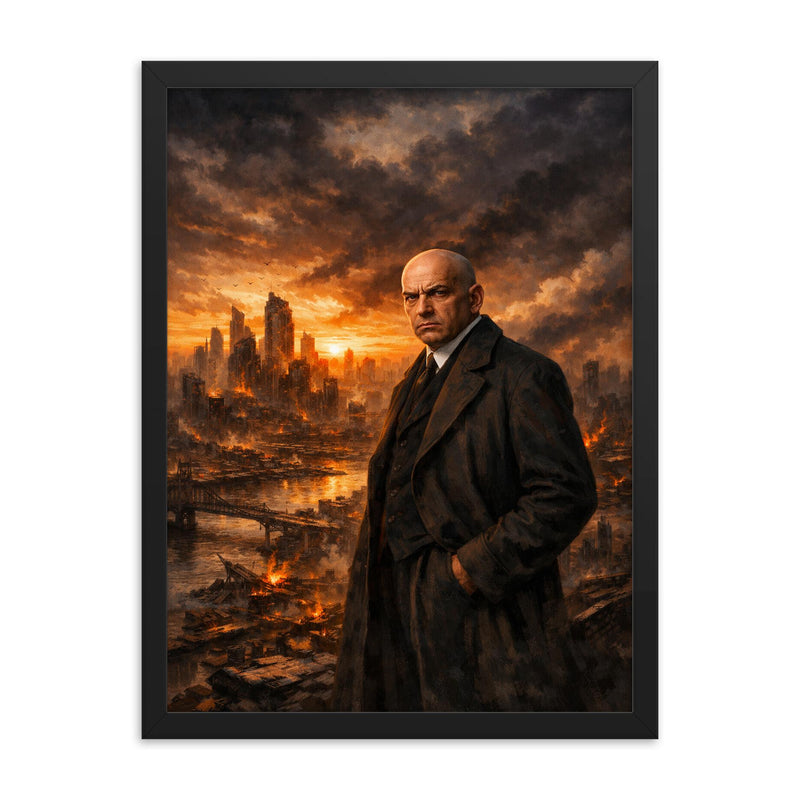 Oswald Spengler over declining city skyline framed print on a plain backdrop in size 18