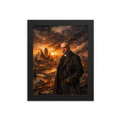 Oswald Spengler over declining city skyline framed print on a plain backdrop in size 8"x10".