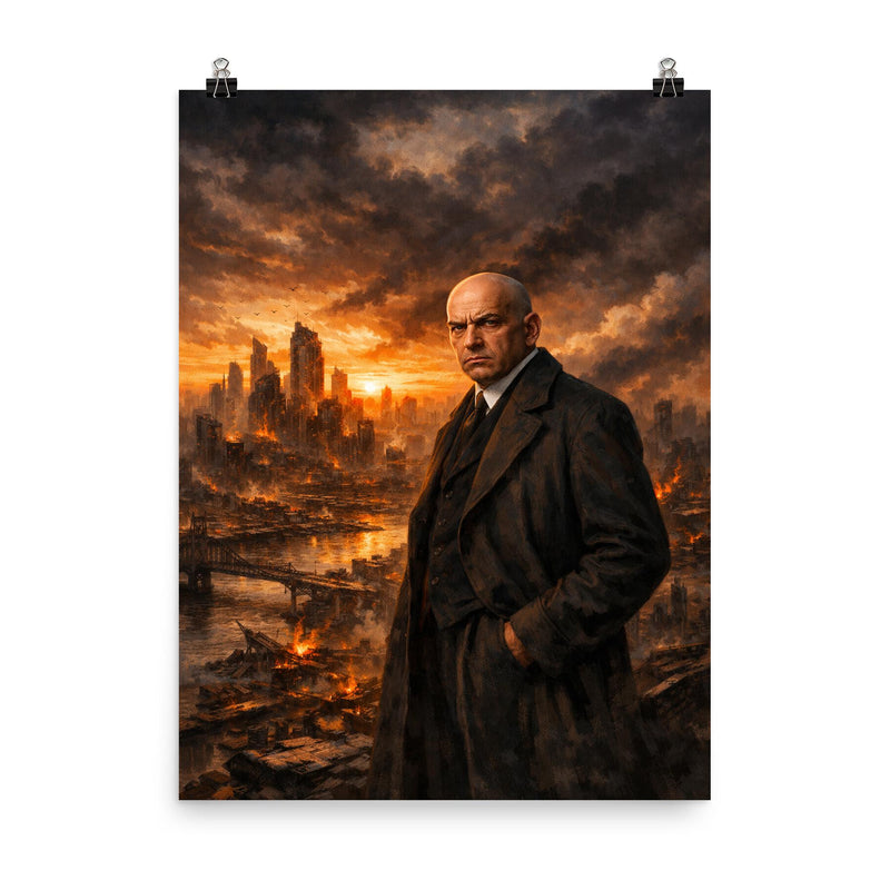 Oswald Spengler over declining city skyline poster on a plain backdrop in size 8