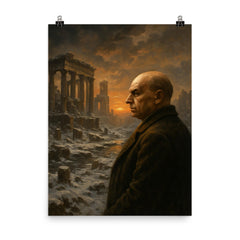 Oswald Spengler watching a civilization's winter poster on a plain backdrop in size 8"x10".