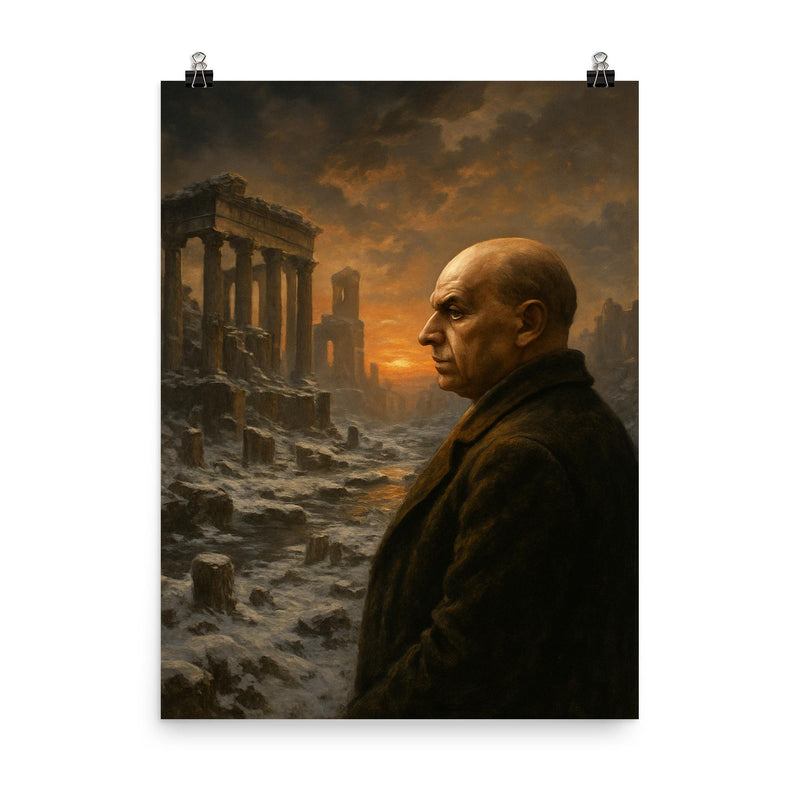 Oswald Spengler watching a civilization's winter poster on a plain backdrop in size 8