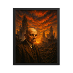 Oswald Spengler with declining city sunset framed print on a plain backdrop in size 16"x20".