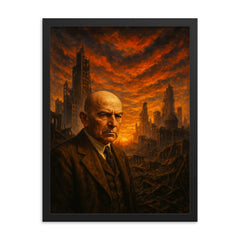 Oswald Spengler with declining city sunset framed print on a plain backdrop in size 18"x24".