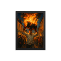 Ottery St Mary Tar Barrels England framed print on a plain backdrop in size 12"x16".