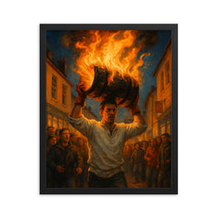 Ottery St Mary Tar Barrels England framed print on a plain backdrop in size 16"x20".