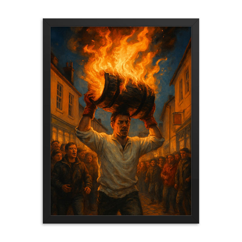 Ottery St Mary Tar Barrels England framed print on a plain backdrop in size 18