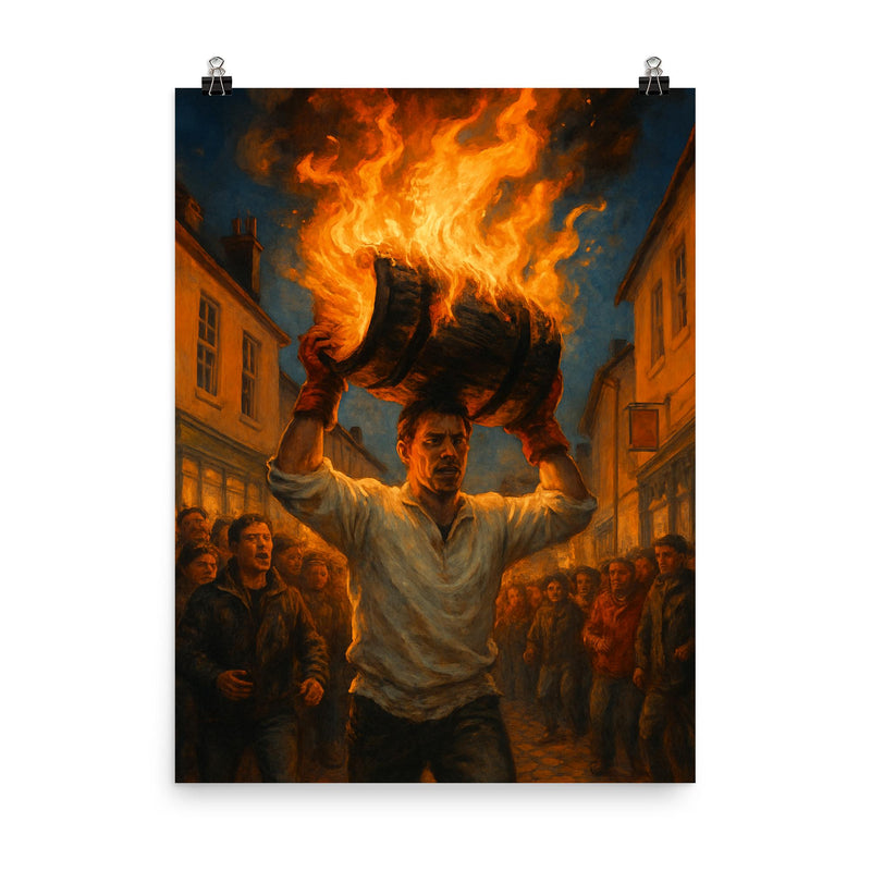Ottery St Mary Tar Barrels England poster on a plain backdrop in size 8