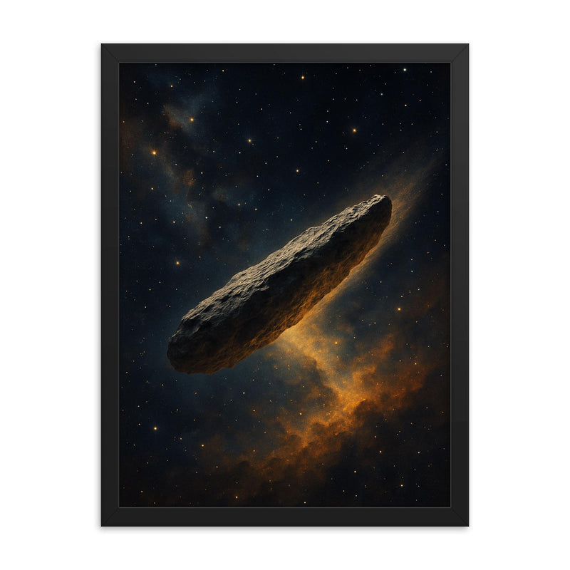 Oumuamua framed print on a plain backdrop in size 18