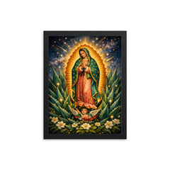 Our Lady of Guadalupe among agave stars framed print on a plain backdrop in size 12"x16".