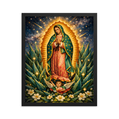 Our Lady of Guadalupe among agave stars framed print on a plain backdrop in size 16"x20".