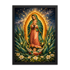 Our Lady of Guadalupe among agave stars framed print on a plain backdrop in size 18"x24".