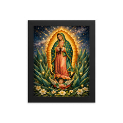 Our Lady of Guadalupe among agave stars framed print on a plain backdrop in size 8"x10".